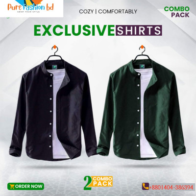 Men's Premium Quality Band collar 2 Pics Combo Pack, Full Sleeve  Shirt [Only Shirt]